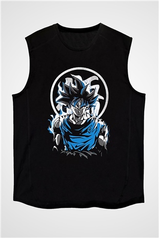Goku Baskılı Unisex Siyah Kolsuz Tişört - Tshirt