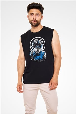 Goku Baskılı Unisex Siyah Kolsuz Tişört - Tshirt