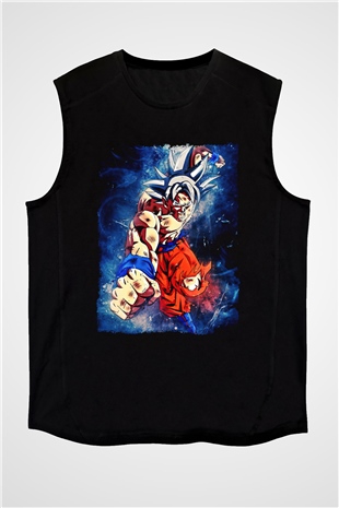 Goku Baskılı Unisex Siyah Kolsuz Tişört - Tshirt