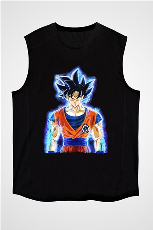 Goku Baskılı Unisex Siyah Kolsuz Tişört - Tshirt