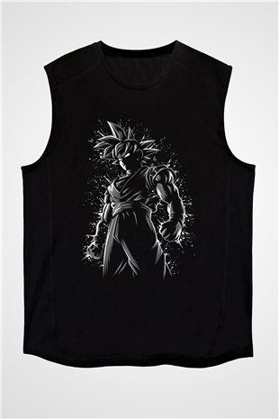 Goku Baskılı Unisex Siyah Kolsuz Tişört - Tshirt