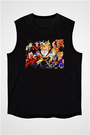 Goku Baskılı Unisex Siyah Kolsuz Tişört - Tshirt