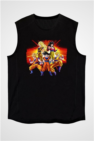 Goku Baskılı Unisex Siyah Kolsuz Tişört - Tshirt