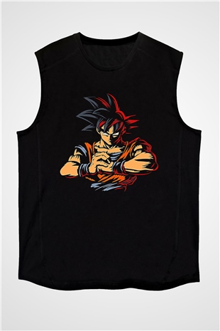 Goku Baskılı Unisex Siyah Kolsuz Tişört - Tshirt