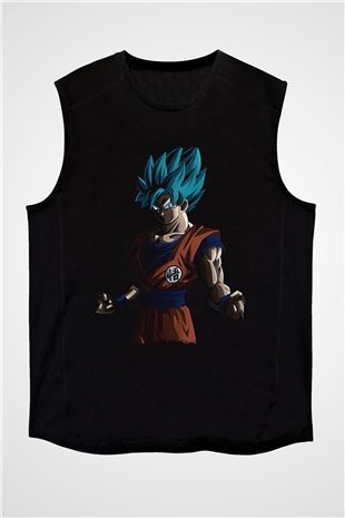 Goku Baskılı Unisex Siyah Kolsuz Tişört - Tshirt