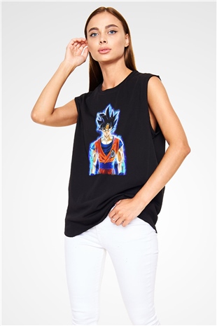 Goku Baskılı Unisex Siyah Kolsuz Tişört - Tshirt