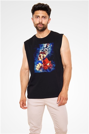 Goku Baskılı Unisex Siyah Kolsuz Tişört - Tshirt