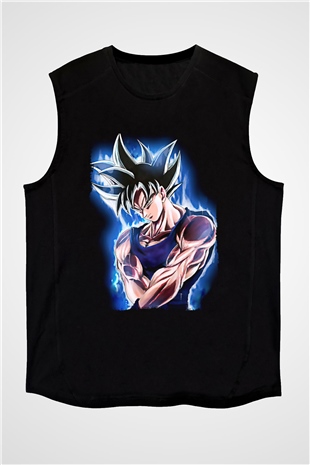 Goku Baskılı Unisex Siyah Kolsuz Tişört - Tshirt