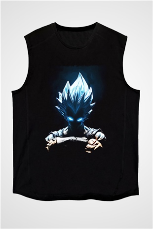 Goku Baskılı Unisex Siyah Kolsuz Tişört - Tshirt