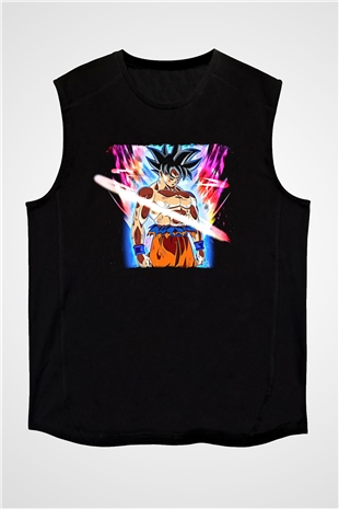 Goku Baskılı Unisex Siyah Kolsuz Tişört - Tshirt