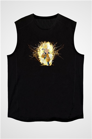 Goku Baskılı Unisex Siyah Kolsuz Tişört - Tshirt