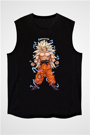 Goku Baskılı Unisex Siyah Kolsuz Tişört - Tshirt