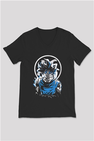 Goku Baskılı Unisex Siyah V Yaka Tişört - Tshirt
