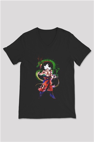 Goku Baskılı Unisex Siyah V Yaka Tişört - Tshirt