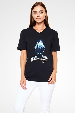 Goku Baskılı Unisex Siyah V Yaka Tişört - Tshirt