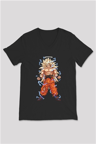 Goku Baskılı Unisex Siyah V Yaka Tişört - Tshirt