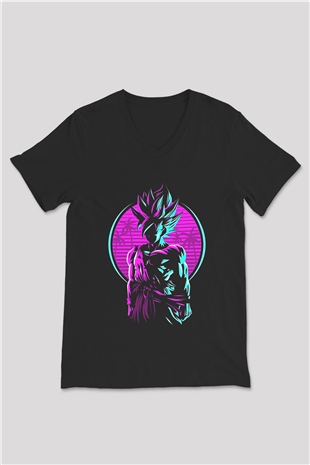 Goku Baskılı Unisex Siyah V Yaka Tişört - Tshirt