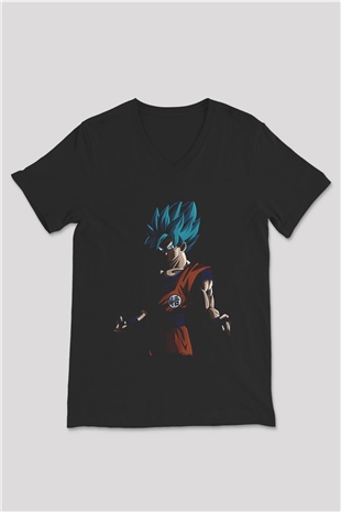 Goku Baskılı Unisex Siyah V Yaka Tişört - Tshirt