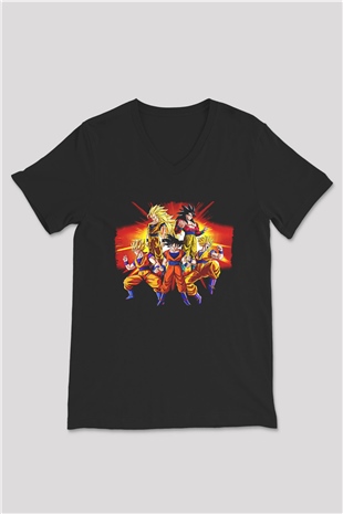 Goku Baskılı Unisex Siyah V Yaka Tişört - Tshirt