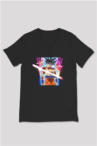Goku Baskılı Unisex Siyah V Yaka Tişört - Tshirt