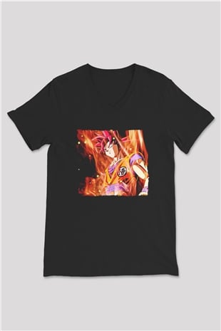 Goku Baskılı Unisex Siyah V Yaka Tişört - Tshirt