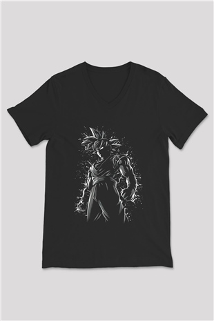 Goku Baskılı Unisex Siyah V Yaka Tişört - Tshirt