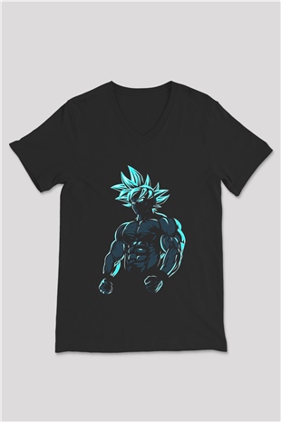 Goku Baskılı Unisex Siyah V Yaka Tişört - Tshirt