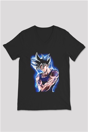 Goku Baskılı Unisex Siyah V Yaka Tişört - Tshirt
