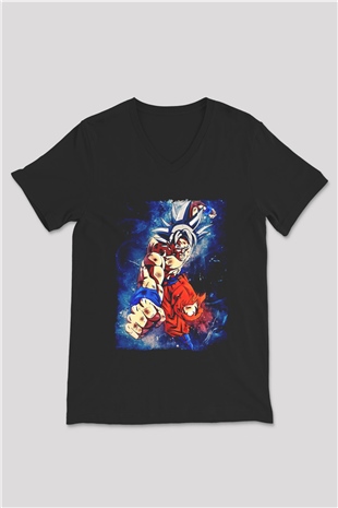 Goku Baskılı Unisex Siyah V Yaka Tişört - Tshirt