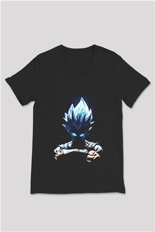 Goku Baskılı Unisex Siyah V Yaka Tişört - Tshirt