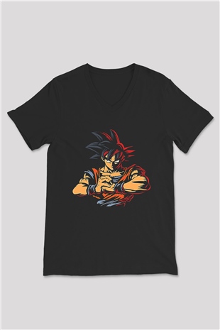 Goku Baskılı Unisex Siyah V Yaka Tişört - Tshirt