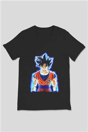 Goku Baskılı Unisex Siyah V Yaka Tişört - Tshirt