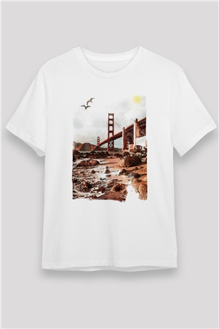 Golden Gate Bridge Beyaz Unisex Tişört T-Shirt - TişörtFabrikası