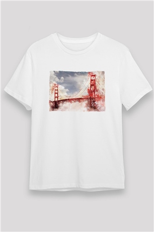 Golden Gate Bridge Beyaz Unisex Tişört T-Shirt - TişörtFabrikası