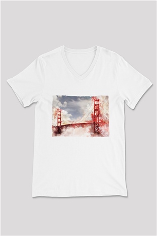 Golden Gate Bridge Beyaz Unisex V Yaka Tişört
