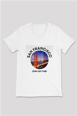 Golden Gate Bridge Beyaz Unisex V Yaka Tişört