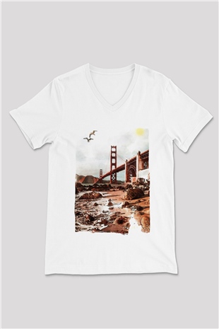 Golden Gate Bridge Beyaz Unisex V Yaka Tişört