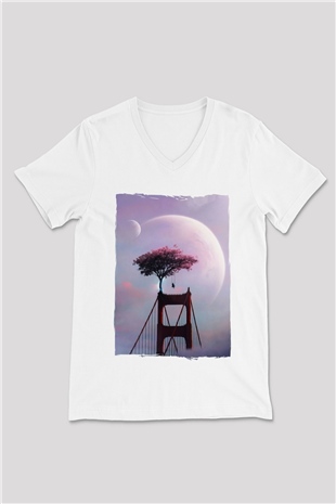 Golden Gate Bridge Beyaz Unisex V Yaka Tişört