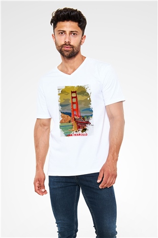 Golden Gate Bridge Beyaz Unisex V Yaka Tişört
