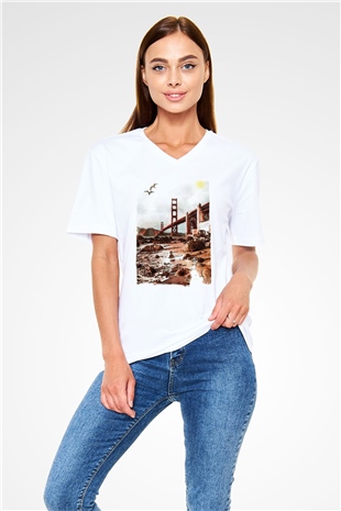 Golden Gate Bridge Beyaz Unisex V Yaka Tişört