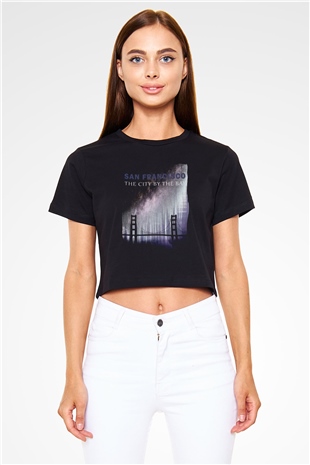 Golden Gate Bridge Siyah  Crop Top Tişört