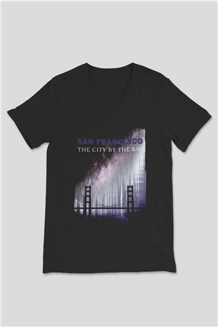 Golden Gate Bridge Siyah Unisex V Yaka Tişört
