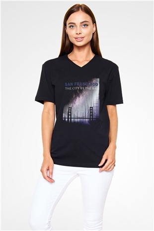 Golden Gate Bridge Siyah Unisex V Yaka Tişört