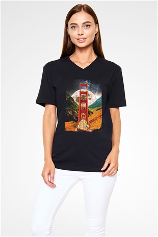 Golden Gate Bridge Siyah Unisex V Yaka Tişört