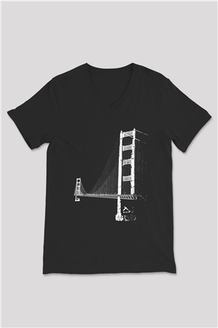 Golden Gate Bridge Siyah Unisex V Yaka Tişört