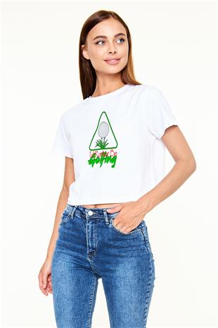 Golf Baskılı Crop Top Beyaz Tişört - T-shirt
