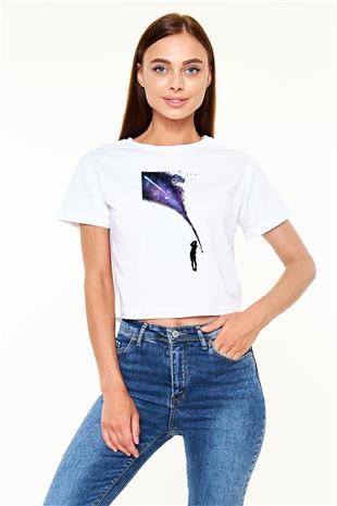 Golf Baskılı Crop Top Beyaz Tişört - T-shirt