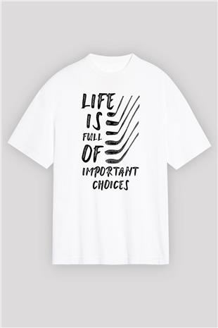 Golf Baskılı Unisex Beyaz Oversize Tişört - Tshirt
