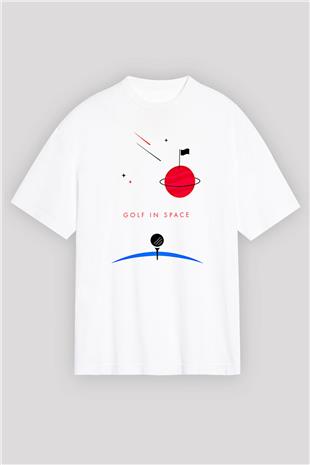 Golf Baskılı Unisex Beyaz Oversize Tişört - Tshirt