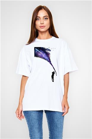 Golf Baskılı Unisex Beyaz Oversize Tişört - Tshirt